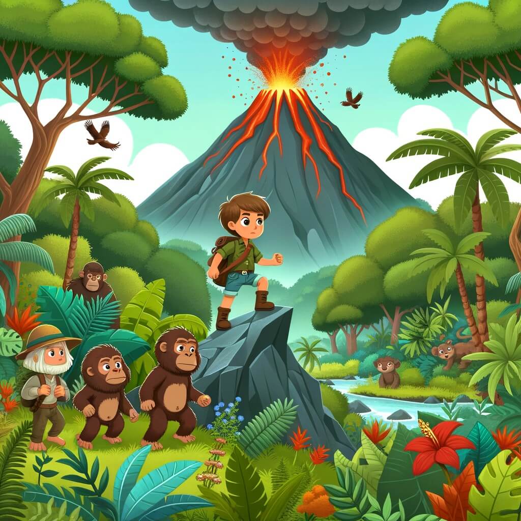 Une illustration destinée aux enfants représentant un petit garçon intrépide se tenant au sommet d'une montagne en éruption, accompagné de ses amis, dans une forêt dense remplie de plantes exotiques et d'animaux sauvages.
