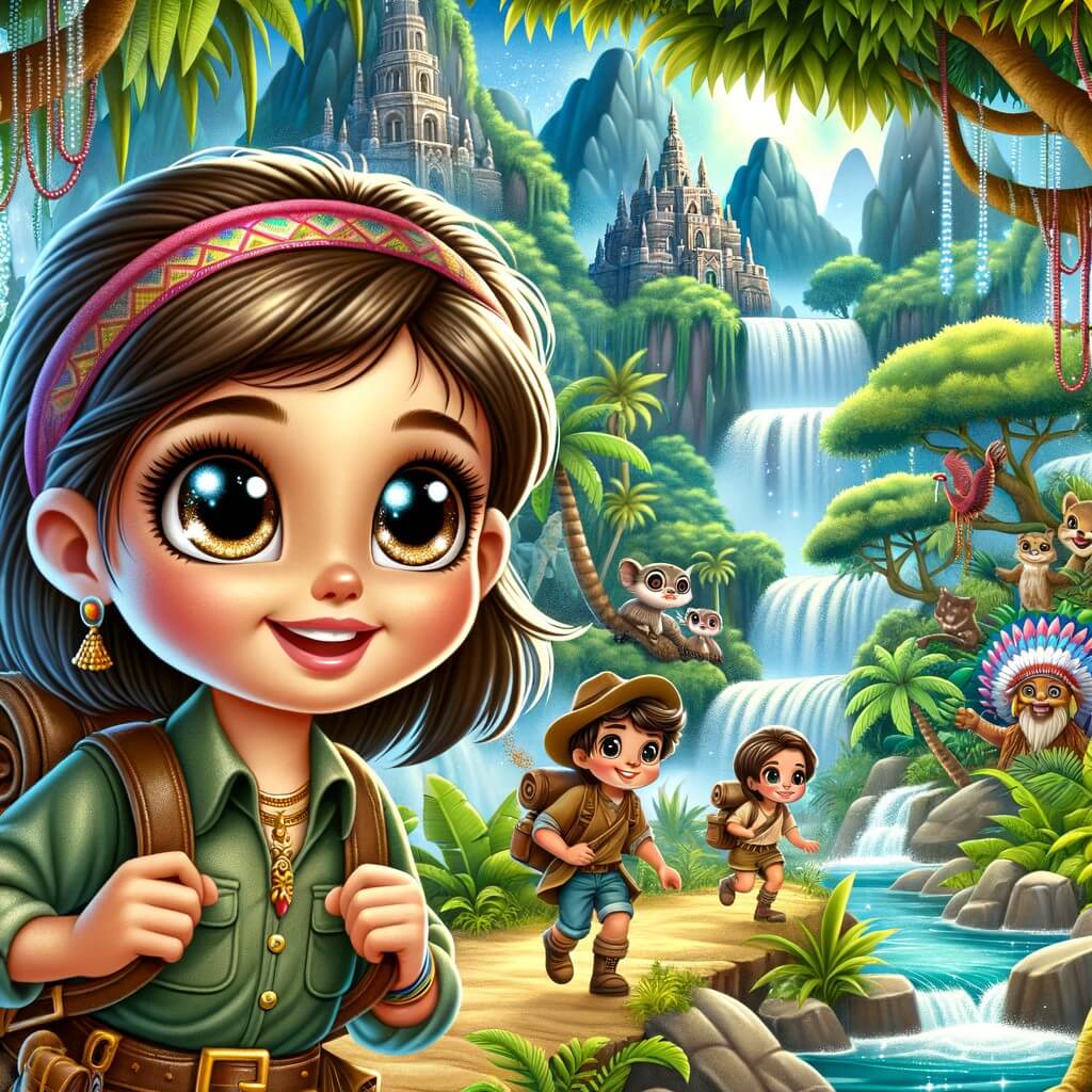 Une illustration destinée aux enfants représentant une petite fille aux grands yeux brillants, accompagnée de ses amis aventuriers, explorant une île exotique couverte de jungles luxuriantes, de cascades scintillantes et d'une grotte mystérieuse.