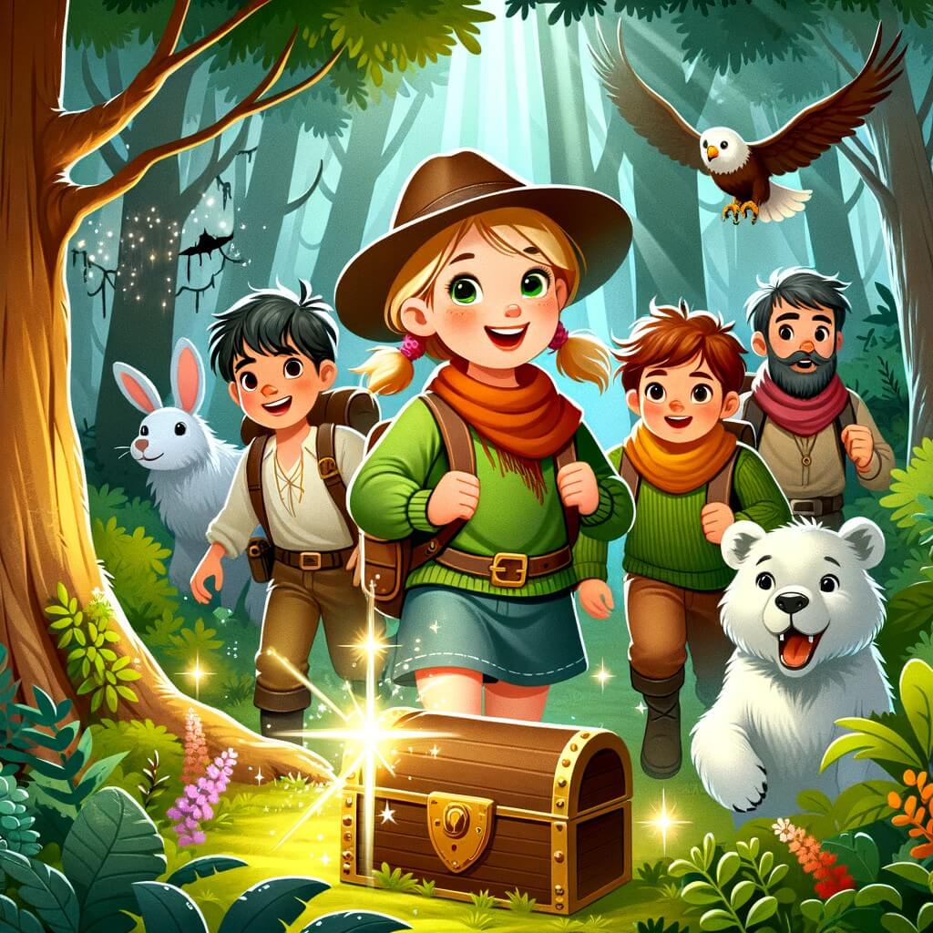 Une illustration destinée aux enfants représentant une petite fille intrépide, entourée de ses amis aventuriers, explorant une forêt dense et mystérieuse où se cachent des animaux sauvages et un trésor étincelant.