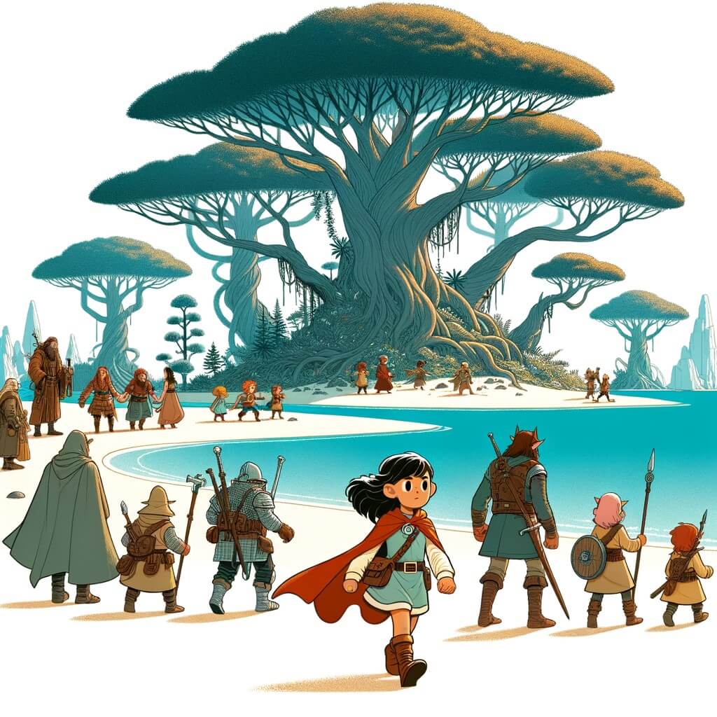 Une illustration destinée aux enfants représentant une petite fille intrépide, accompagnée de ses amis, explorant une île mystérieuse aux plages de sable blanc, bordée d'arbres géants qui semblent toucher le ciel.