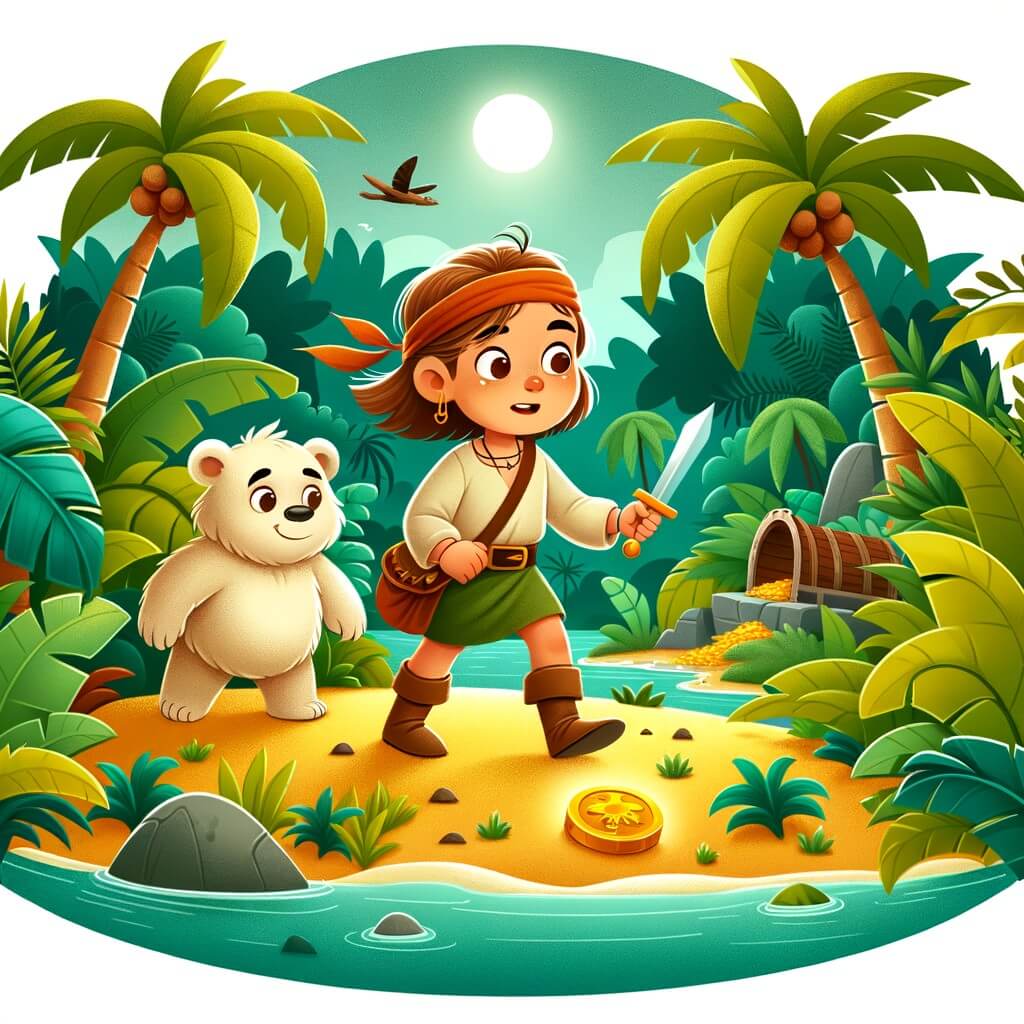 Une illustration destinée aux enfants représentant une petite fille intrépide, accompagnée d'un nouvel ami, explorant une île tropicale luxuriante et mystérieuse à la recherche d'un trésor légendaire caché.