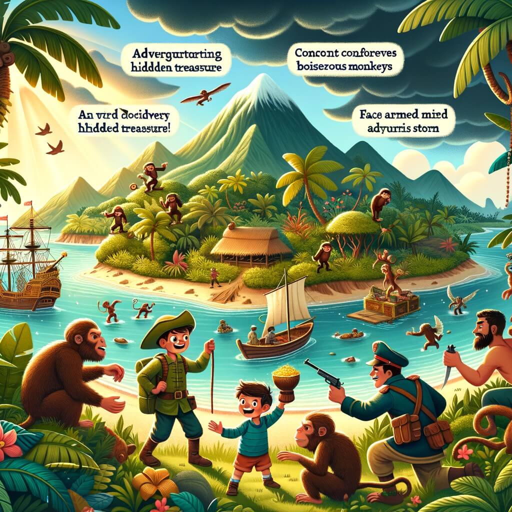 Une illustration destinée aux enfants représentant un petit garçon intrépide se lançant dans une expédition avec ses amis, découvrant un trésor caché et affrontant des singes agités, des hommes armés et une tempête tropicale, le tout dans une île luxuriante avec une forêt dense, une rivière scintillante et une montagne majestueuse.
