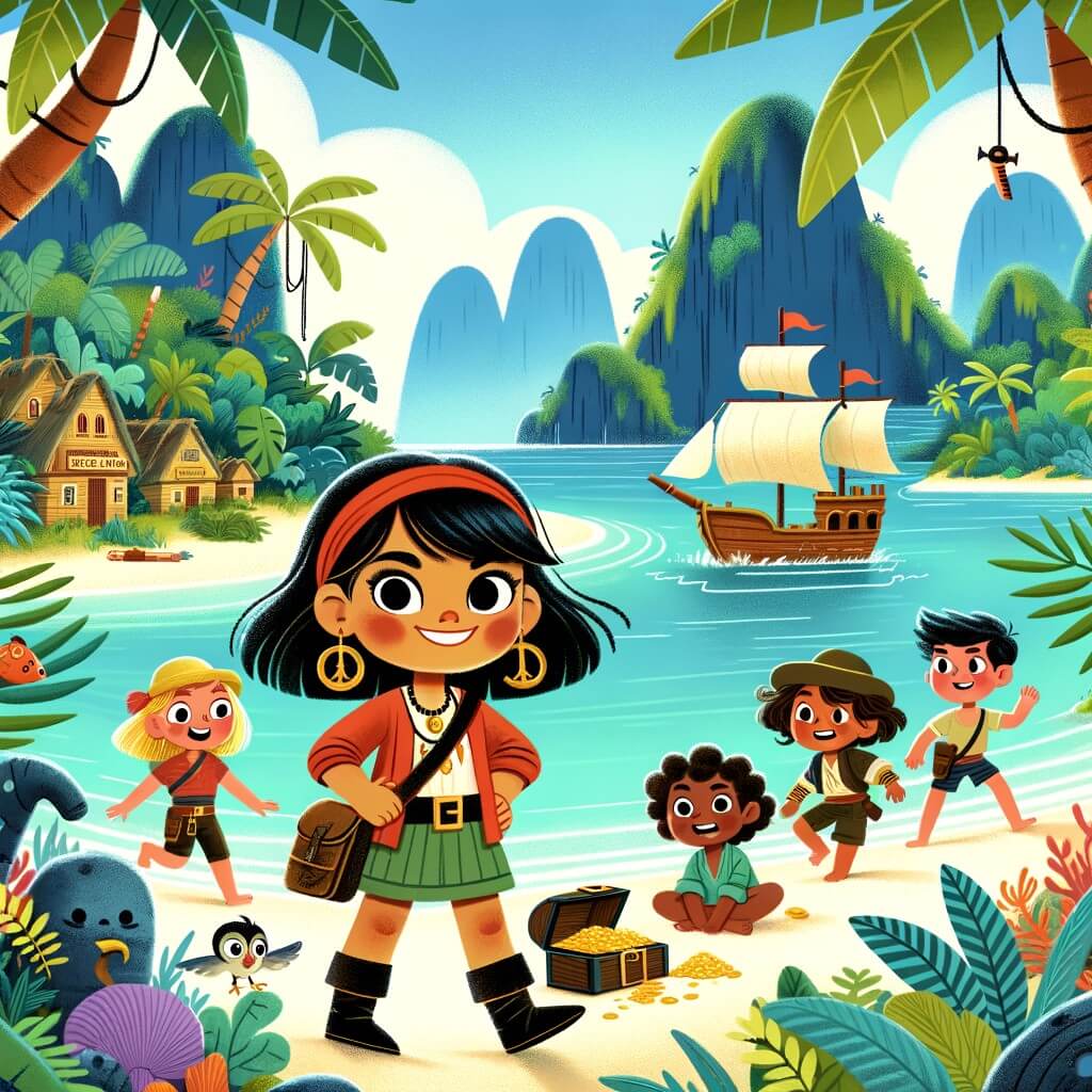 Une illustration pour enfants représentant une petite fille intrépide qui part en expédition avec ses amis sur une île mystérieuse pour trouver un trésor perdu et vaincre une malédiction.