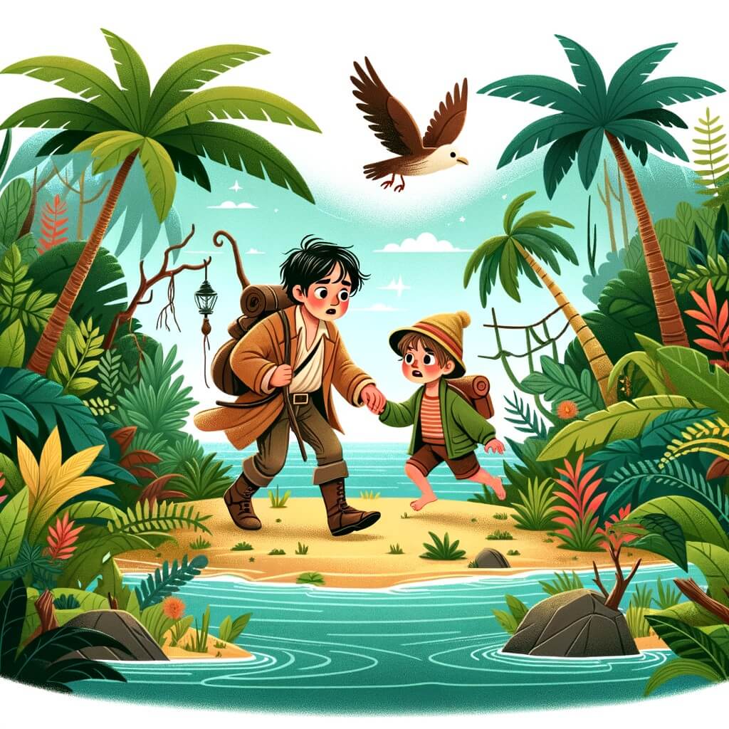 Une illustration destinée aux enfants représentant un petit garçon intrépide, se trouvant dans une jungle luxuriante sur une île mystérieuse, accompagné d'un autre enfant perdu qu'il aide à retrouver sa famille.