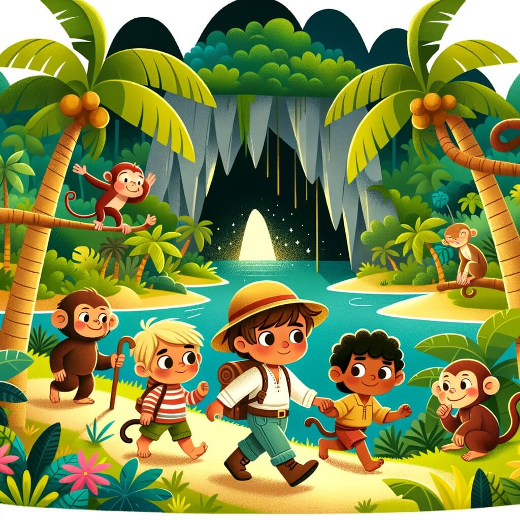 Une illustration destinée aux enfants représentant un petit garçon intrépide, accompagné de ses amis, explorant une île tropicale luxuriante parsemée de palmiers majestueux, de singes espiègles et d'une mystérieuse caverne scintillante.