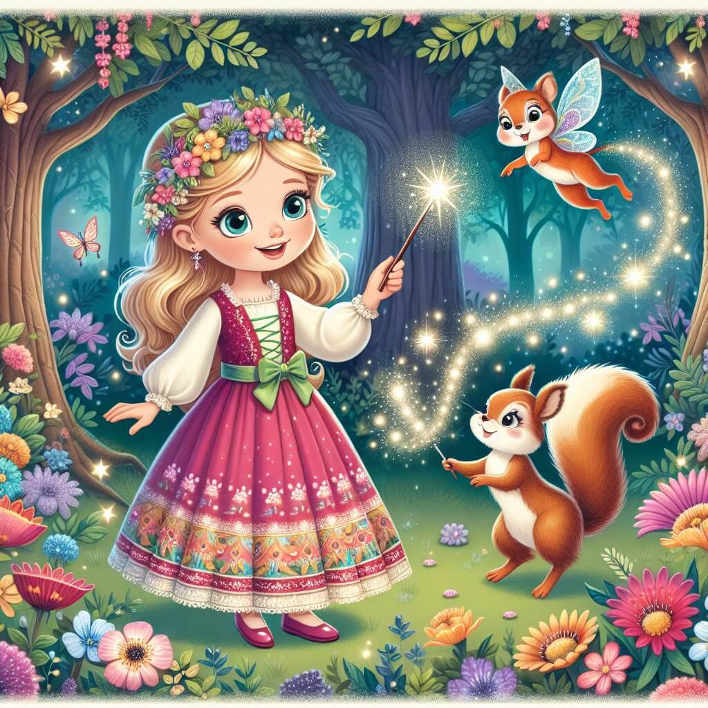 Une illustration destinée aux enfants représentant une petite fille aux cheveux blonds, vêtue d'une robe colorée, faisant des tours de magie avec une baguette étincelante, accompagnée d'un écureuil malicieux, dans une forêt enchantée remplie de fleurs lumineuses, d'arbres majestueux et de fées virevoltantes.