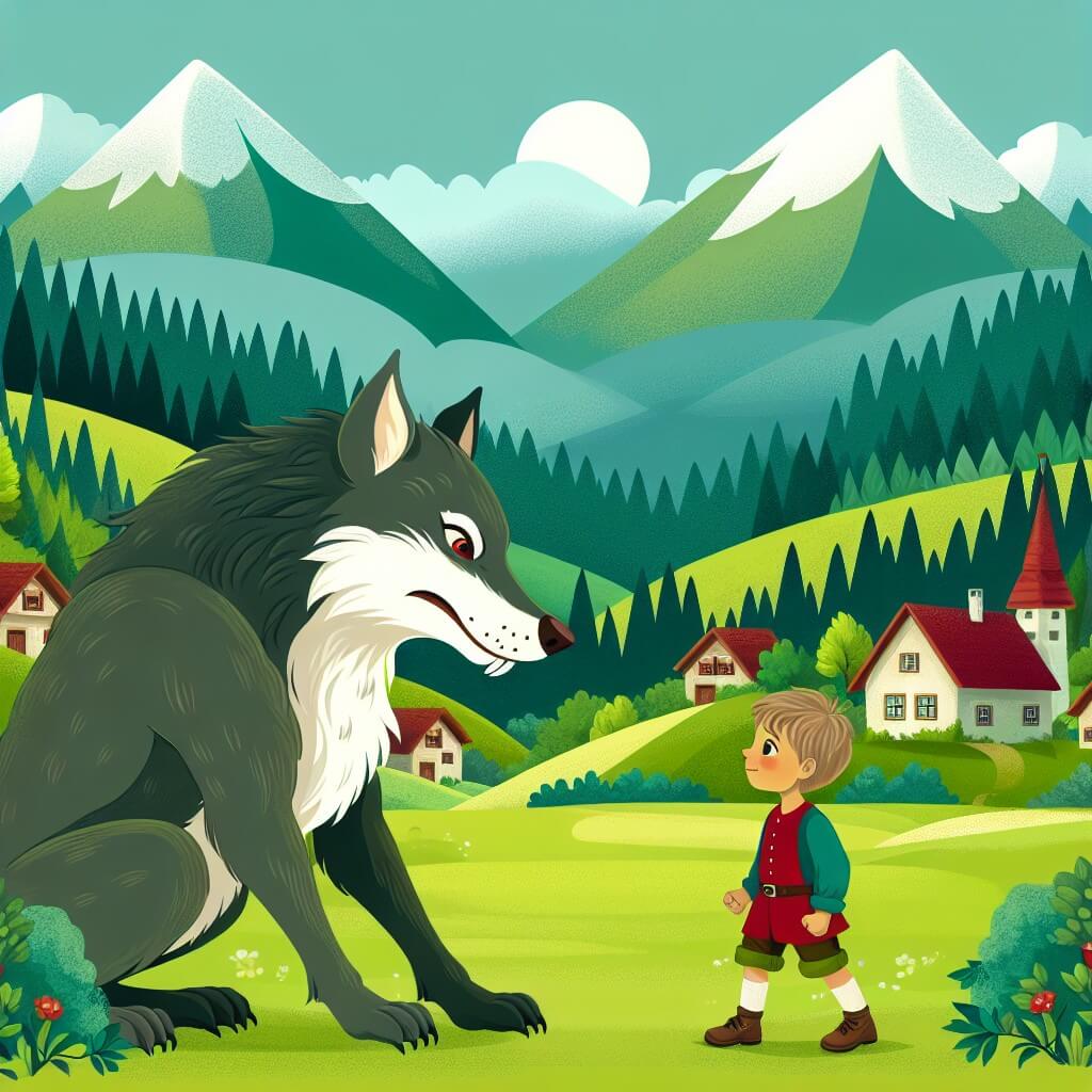 Une illustration destinée aux enfants représentant un petit garçon courageux, confronté à un grand méchant loup dans un village paisible entouré de montagnes verdoyantes.