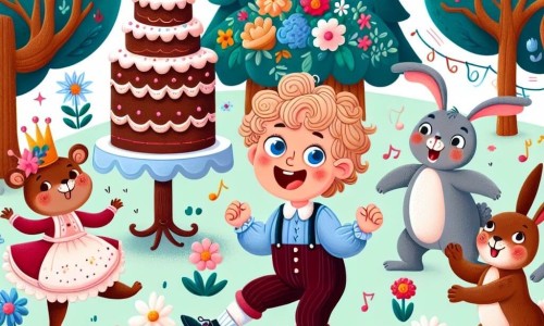 Une illustration destinée aux enfants représentant un petit garçon espiègle se retrouvant entouré d'un gâteau dansant, d'un lapin bavard et d'un jardin enchanté où les arbres font des grimaces et les fleurs dansent la polka.