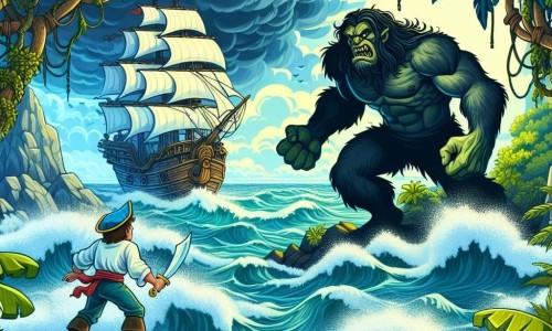 Une illustration destinée aux enfants représentant un courageux marin, faisant face à un redoutable adversaire, dans une jungle luxuriante peuplée de mystères, sur une île lointaine des mers tumultueuses.