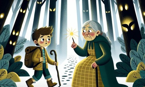 Une illustration destinée aux enfants représentant un petit garçon courageux, une grand-mère malade, et une forêt mystérieuse aux arbres touffus et aux yeux brillants observant.