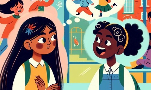 Une illustration destinée aux enfants représentant une fille aux longs cheveux noirs vivant une situation de racisme à l'école, accompagnée d'une amie fille aux cheveux bouclés et yeux rieurs, dans une école colorée avec des enfants de différentes origines et cultures se mélangeant joyeusement.