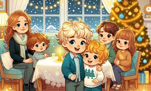 Une illustration destinée aux enfants représentant un petit garçon blond aux yeux bleus, vivant une grande fête du nouvel an entouré de sa famille, avec un cousin brun aux cheveux bouclés, dans une maison décorée de guirlandes lumineuses et d'un sapin scintillant dans un coin du salon.