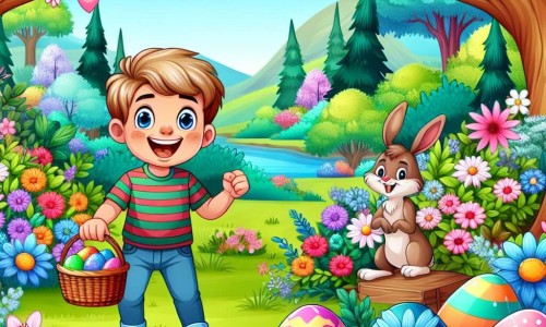 Une illustration destinée aux enfants représentant un jeune garçon plein d'enthousiasme, se préparant pour une chasse aux œufs de Pâques dans un jardin enchanté rempli de fleurs multicolores, d'arbres majestueux et de petits animaux joyeux.
