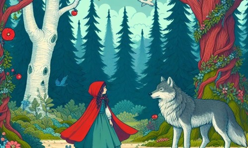 Une illustration destinée aux enfants représentant une jeune fille au chaperon rouge, faisant face à un loup malicieux, dans une forêt enchantée aux arbres majestueux et aux fleurs multicolores.