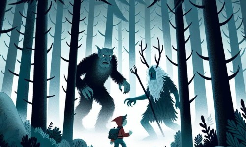 Une illustration destinée aux enfants représentant un garçon courageux affrontant le Gardien de la forêt sombre, accompagné d'une créature mi-homme mi-bête, dans une forêt dense et mystérieuse enveloppée d'une brume épaisse.