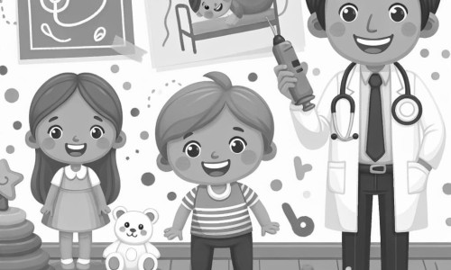 Une illustration destinée aux enfants représentant un petit garçon plein de vie, un docteur souriant, et une clinique colorée avec des dessins joyeux sur les murs et des jouets éparpillés.