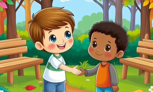 Une illustration destinée aux enfants représentant un jeune garçon au sourire éclatant, faisant la rencontre d'un nouvel ami différent de lui, dans un parc verdoyant avec des arbres aux feuilles multicolores et des bancs accueillants, symbolise une leçon sur la tolérance et l'acceptation de la diversité.