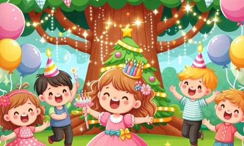 Une illustration destinée aux enfants représentant une petite fille joyeuse célèbrant son anniversaire avec ses amis dans un jardin enchanté rempli de ballons colorés, de guirlandes scintillantes et d'un arbre géant, accompagnée de ses parents complices.