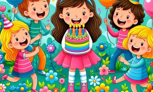 Une illustration destinée aux enfants représentant une fillette joyeuse célébrant son anniversaire entourée de ses amis dans un jardin en fleurs aux couleurs vives et aux ballons colorés.