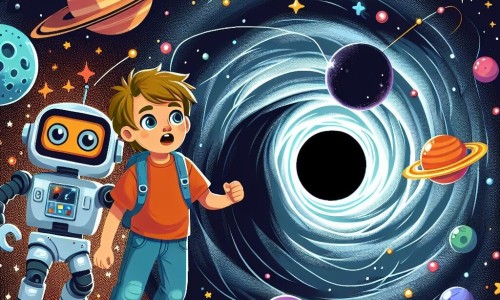 Une illustration destinée aux enfants représentant un jeune garçon intrépide explorant un trou noir avec l'aide d'un robot intelligent, entourés d'étoiles scintillantes, de planètes colorées et d'un ciel cosmique infini.
