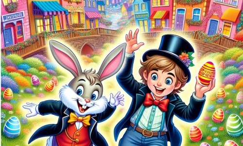 Une illustration destinée aux enfants représentant un garçon plein d'énergie participant à une chasse aux œufs de Pâques, accompagné d'un lapin en costume de magicien, dans le village coloré et animé de Joyeuxbourg.