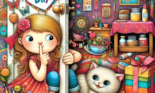 Une illustration destinée aux enfants représentant une fillette préparant secrètement un cadeau pour la fête des pères, avec l'aide complice de son chat, dans une chambre pleine de couleurs et de bricolages faits main.