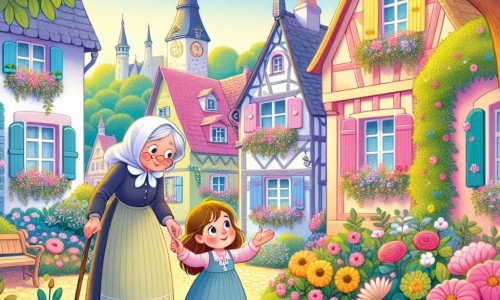 Une illustration destinée aux enfants représentant une fillette pleine de curiosité cherchant un cadeau pour sa maman chérie, accompagnée de sa grand-mère sage, dans un petit village aux maisons colorées et aux jardins fleuris de Chantefleur.