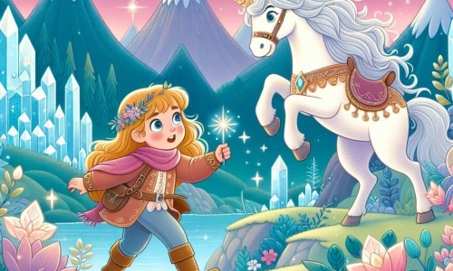Une illustration destinée aux enfants représentant une jeune fille courageuse se lançant dans une quête féerique accompagnée d'une licorne majestueuse, dans un royaume enchanté aux cristaux étincelants et aux fleurs phosphorescentes.