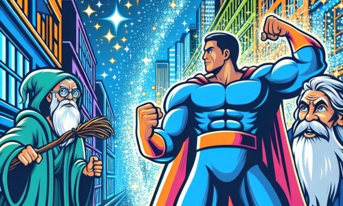 Une illustration destinée aux enfants représentant un super-héros homme aux muscles saillants, affrontant un méchant sorcier, sous le regard bienveillant d'un vieux sage à la barbe blanche, dans la ville étincelante de Lumiville aux gratte-ciels scintillants et aux ruelles colorées.