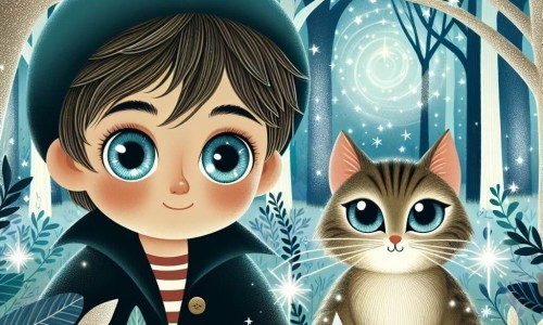 Une illustration destinée aux enfants représentant un petit garçon aux grands yeux brillants, en compagnie d'un chat mystérieux, dans une forêt enchantée aux arbres scintillants et aux feuilles murmures.
