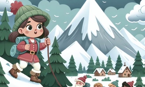 Une illustration destinée aux enfants représentant une petite aventurière courageuse défiant une montagne enneigée avec l'aide de ses amis, dans un village pittoresque entouré de sapins verdoyants et de nuages menaçants.