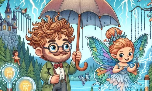 Une illustration destinée aux enfants représentant un inventeur farfelu aux cheveux en bataille testant son Parapluie magique sous un ciel zébré d'éclairs, accompagné d'une fée aux ailes scintillantes, dans un village reculé entouré d'une forêt mystérieuse.