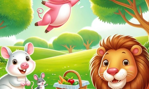Une illustration destinée aux enfants représentant un joyeux cochon rose, une souris malicieuse, un lapin bondissant et un lion courageux, partageant un pique-nique coloré dans une clairière ensoleillée aux arbres verdoyants et à l'herbe douce.