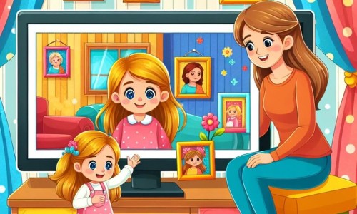 Une illustration destinée aux enfants représentant une fillette curieuse devant un écran coloré, accompagnée de sa maman bienveillante, dans un salon chaleureux aux murs ornés de cadres joyeux et de rideaux aux motifs ludiques.