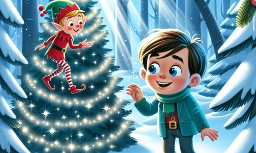 Une illustration destinée aux enfants représentant un petit garçon espiègle attendant Noël avec impatience, rencontrant un lutin facétieux dans une forêt enneigée où les sapins se parent de guirlandes scintillantes.