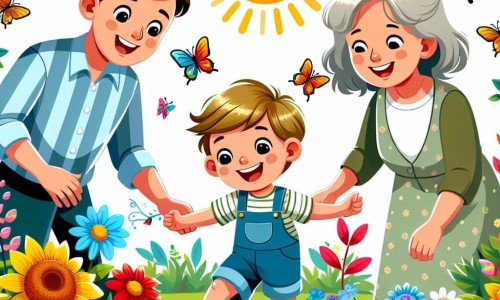 Une illustration destinée aux enfants représentant un petit garçon énergique, entouré de ses parents aimants, jouant dans un jardin ensoleillé rempli de fleurs colorées et de papillons virevoltants.