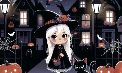 Une illustration destinée aux enfants représentant une petite fille déguisée en sorcière, accompagnée de son chat noir, se promenant dans un quartier décoré de citrouilles lumineuses, de toiles d'araignée et de fantômes en carton lors de la nuit d'Halloween.
