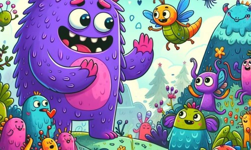 Une illustration destinée aux enfants représentant un monstre violet au cœur tendre se liant d'amitié avec des lutins farceurs dans une île mystérieuse et enchantée peuplée de créatures rigolotes aux couleurs chatoyantes et aux formes fantaisistes.