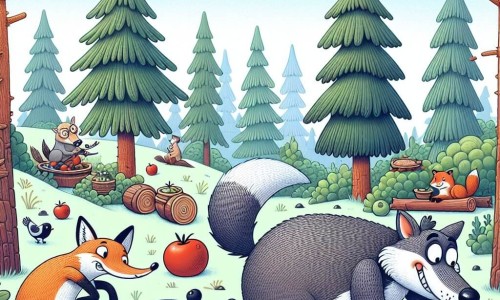 Une illustration destinée aux enfants représentant un loup gourmand et maladroit, un renard malin, dans la pittoresque forêt de Pinède, où se déroule une série de péripéties culinaires hilarantes.