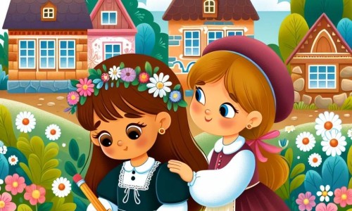 Une illustration destinée aux enfants représentant une petite fille timide participant à un concours de dessin, soutenue par une camarade de classe chaleureuse, dans un village coloré aux maisons en pierre, entouré de fleurs et d'arbres verdoyants.