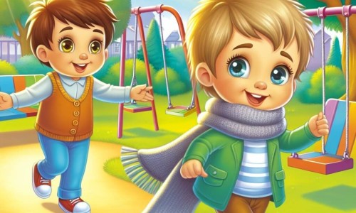 Une illustration destinée aux enfants représentant un petit garçon souriant et curieux, confronté à la maladie, accompagné d'une nouvelle amie au regard pétillant, dans un parc ensoleillé aux balançoires colorées et aux arbres majestueux.
