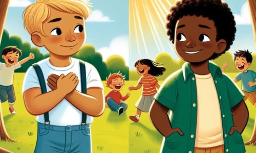 Une illustration destinée aux enfants représentant un garçon courageux confrontant le racisme avec son nouvel ami, un garçon chaleureux aux cheveux frisés, dans un parc ensoleillé aux arbres verdoyants et aux enfants riant et jouant autour d'eux.