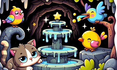 Une illustration destinée aux enfants représentant un chat maladroit, un oiseau grincheux et une fontaine magique colorée dans une grotte sombre et humide.