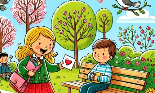 Une illustration destinée aux enfants représentant une fillette joyeuse distribuant des cartes de Saint-Valentin, rencontrant un petit garçon timide sur un banc, dans un parc ensoleillé aux arbres fleuris et aux oiseaux chantants.