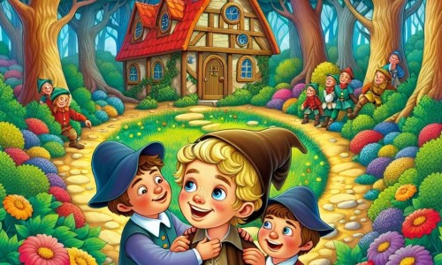 Une illustration destinée aux enfants représentant un jeune garçon malin et bienveillant, entouré de ses frères jaloux, dans une petite maison en bois à l'orée d'une forêt enchantée aux arbres majestueux et aux fleurs colorées, dans un lointain royaume féérique.