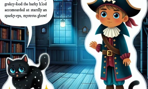 Une illustration destinée aux enfants représentant un jeune garçon déguisé en pirate, explorant une maison hantée avec un chat noir aux yeux étincelants, dans une pièce sombre aux planches grinçantes, illuminée par une faible lueur mystérieuse.