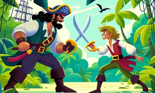 Une illustration destinée aux enfants représentant une courageuse pirate au cœur vaillant, affrontant un rival redoutable dans une jungle luxuriante de l'île de Cristaline.