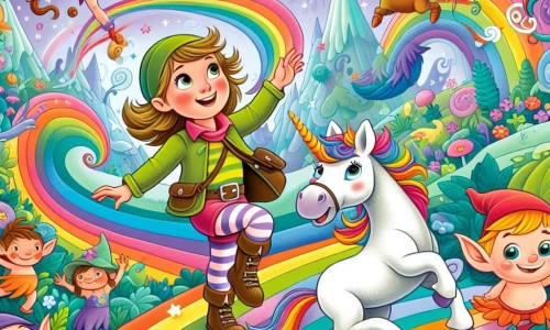 Une illustration destinée aux enfants représentant une fillette aventurière, accompagnée d'une fée espiègle, explorant un monde magique aux couleurs chatoyantes, peuplé de lutins dansants et de licornes galopantes.