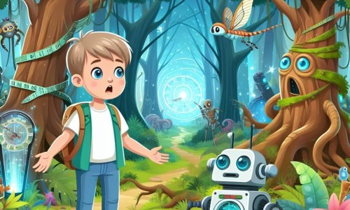 Une illustration destinée aux enfants représentant un jeune garçon émerveillé par un voyage dans le temps, accompagné d'un adorable robot, explorant une forêt luxuriante avec des arbres géants et des créatures fantastiques.