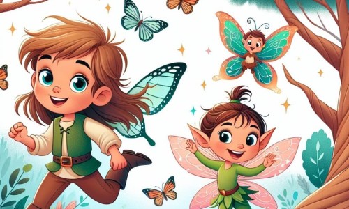 Une illustration destinée aux enfants représentant une jeune fille intrépide, accompagnée d'un lutin malicieux, dans une forêt enchantée aux arbres dansant au rythme du vent, entourée de papillons aux ailes chatoyantes.